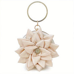 3D Flower Round Evening Bag Satin Clutch Wedding Purse Top Ring Handbag