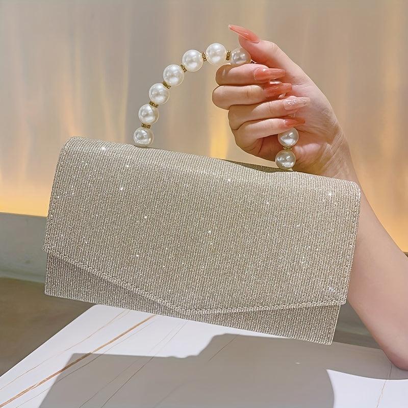 Glitter Envelope Bag Formal Dinner Clutch Purse Pearl Decor Banquet
