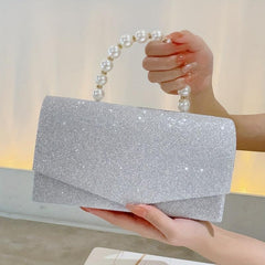 Glitter Envelope Bag Formal Dinner Clutch Purse Pearl Decor Banquet