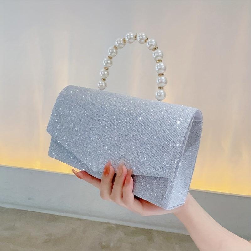 Glitter Envelope Bag Formal Dinner Clutch Purse Pearl Decor Banquet