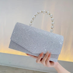 Glitter Envelope Bag Formal Dinner Clutch Purse Pearl Decor Banquet