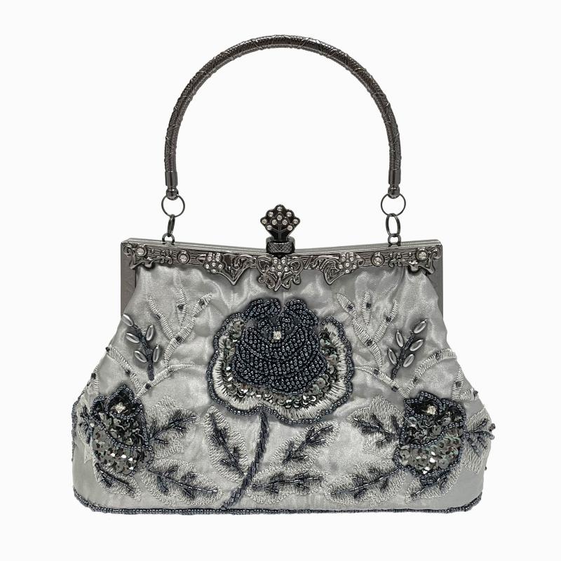 Vintage Beaded Flower Embroidery Evening Bag Satin Wedding Handbags