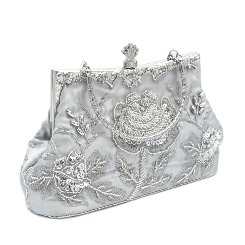 Vintage Beaded Flower Embroidery Evening Bag Satin Wedding Handbags