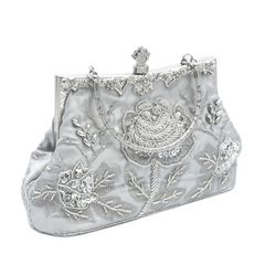 Vintage Beaded Flower Embroidery Evening Bag Satin Wedding Handbags