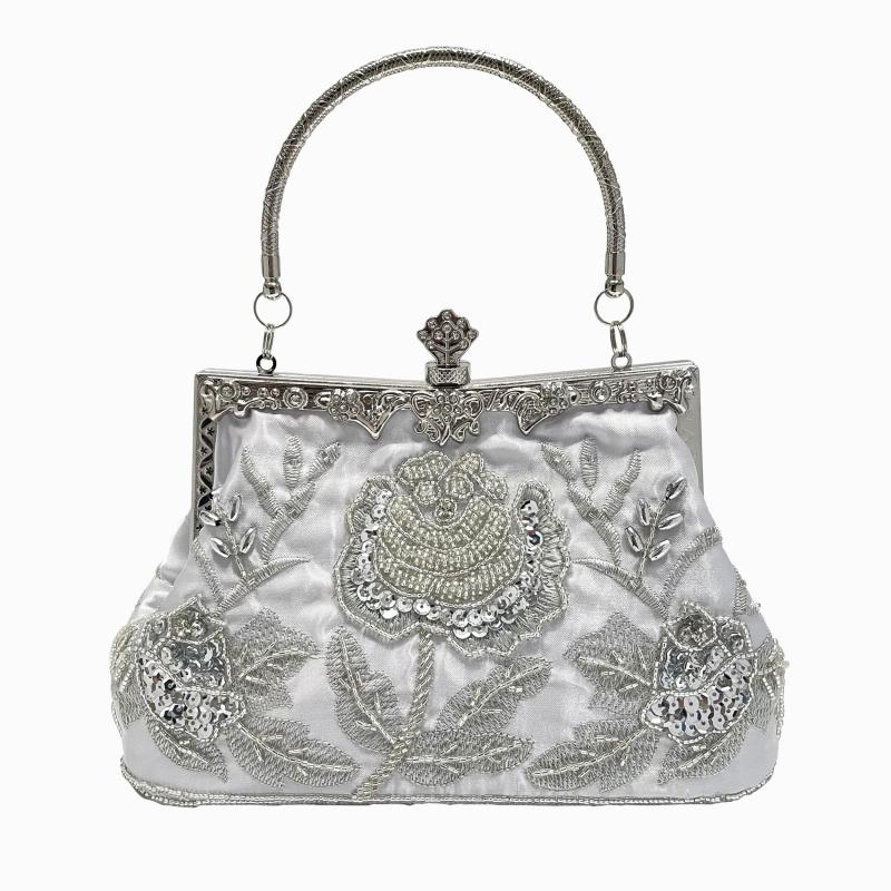 Vintage Beaded Flower Embroidery Evening Bag Satin Wedding Handbags