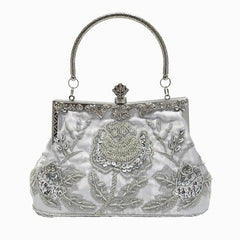 Vintage Beaded Flower Embroidery Evening Bag Satin Wedding Handbags