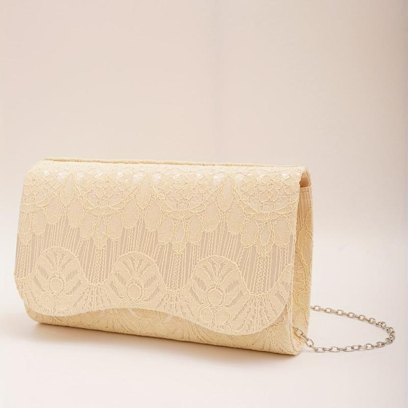 Golden Lace Curvy Flap Clutch Bag Chain Strap Evening Bag