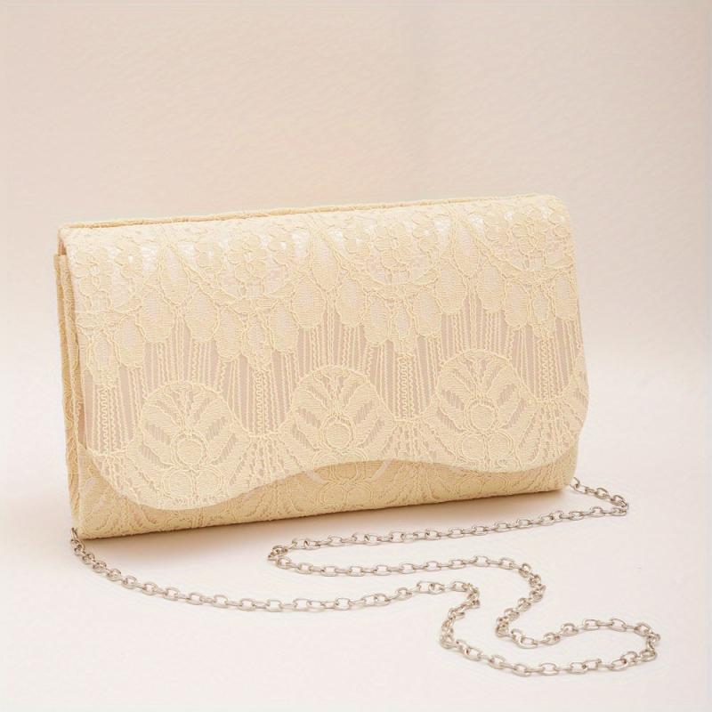 Golden Lace Curvy Flap Clutch Bag Chain Strap Evening Bag