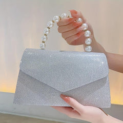 Glitter Rhinestone Envelope Handbag Pearl Decor Evening Clutch