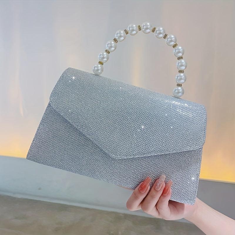 Glitter Rhinestone Envelope Handbag Pearl Decor Evening Clutch