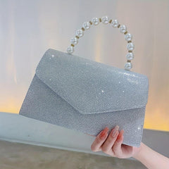 Glitter Rhinestone Envelope Handbag Pearl Decor Evening Clutch