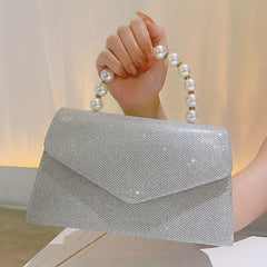 Glitter Rhinestone Envelope Handbag Pearl Decor Evening Clutch