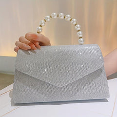 Glitter Rhinestone Envelope Handbag Pearl Decor Evening Clutch