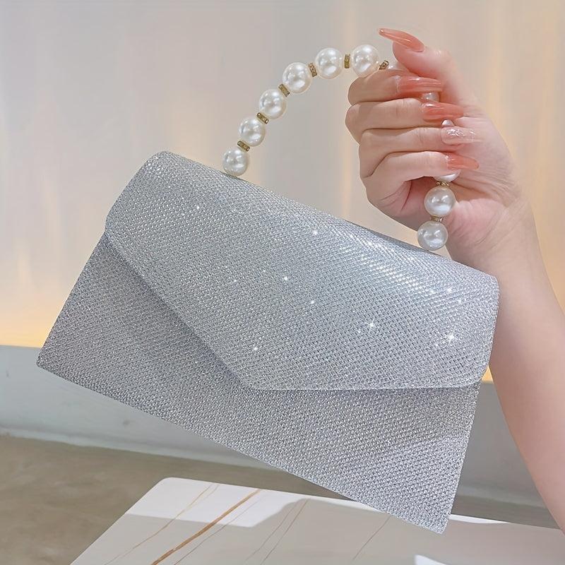 Glitter Rhinestone Envelope Handbag Pearl Decor Evening Clutch