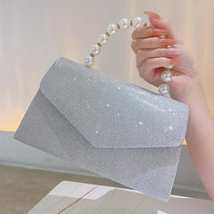 Glitter Rhinestone Envelope Handbag Pearl Decor Evening Clutch