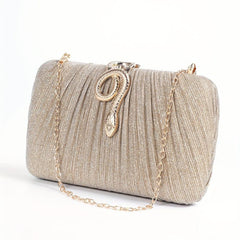 Pleated Snake Decor Kiss Lock Metal Chain Clutch Evening Bag