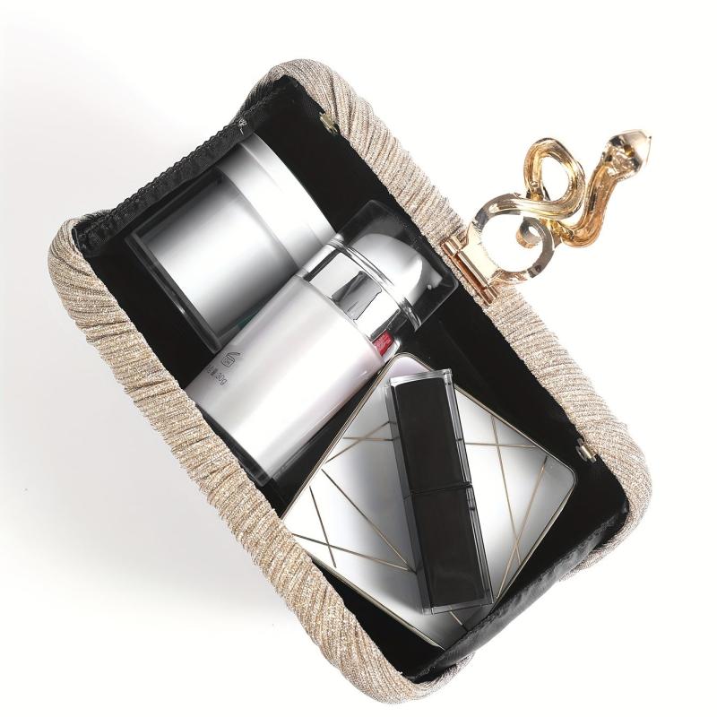 Pleated Snake Decor Kiss Lock Metal Chain Clutch Evening Bag