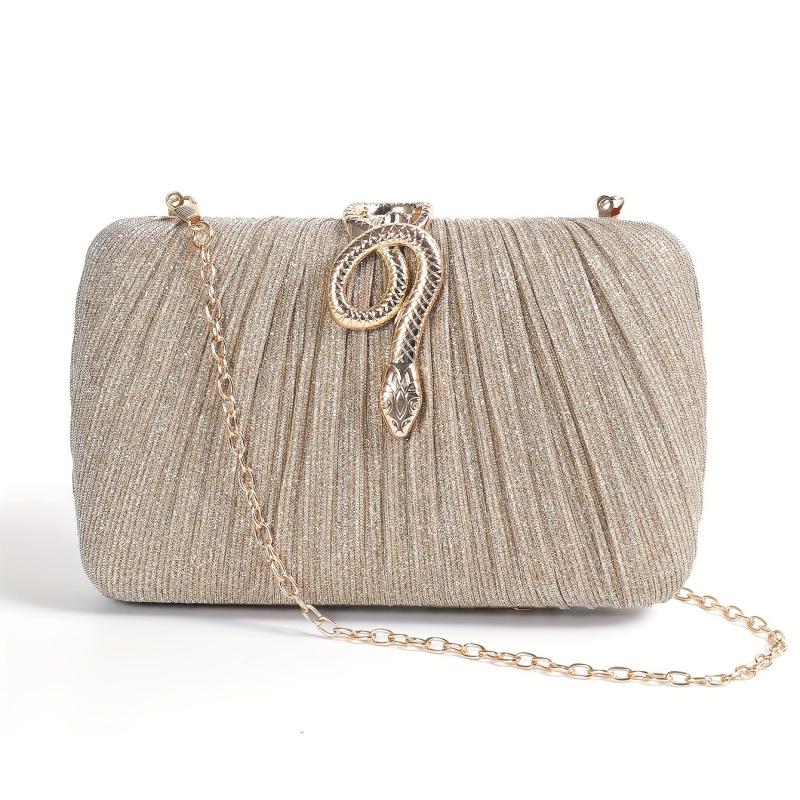 Pleated Snake Decor Kiss Lock Metal Chain Clutch Evening Bag