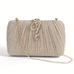 Pleated Snake Decor Kiss Lock Metal Chain Clutch Evening Bag
