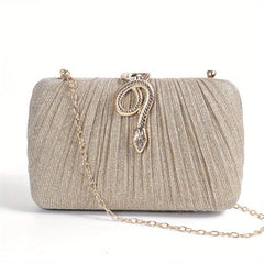 Pleated Snake Decor Kiss Lock Metal Chain Clutch Evening Bag