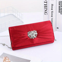 Ruched Satin Evening Bag Flower Rhinestone Clutch Purse For Prom Party
