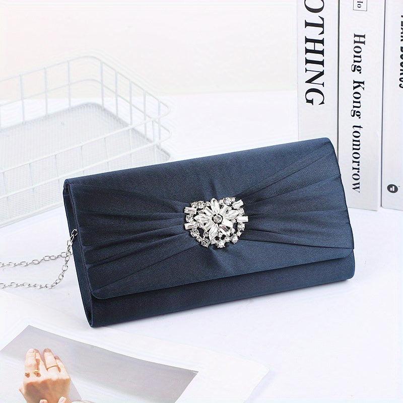 Ruched Satin Evening Bag Flower Rhinestone Clutch Purse For Prom Party