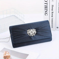 Ruched Satin Evening Bag Flower Rhinestone Clutch Purse For Prom Party