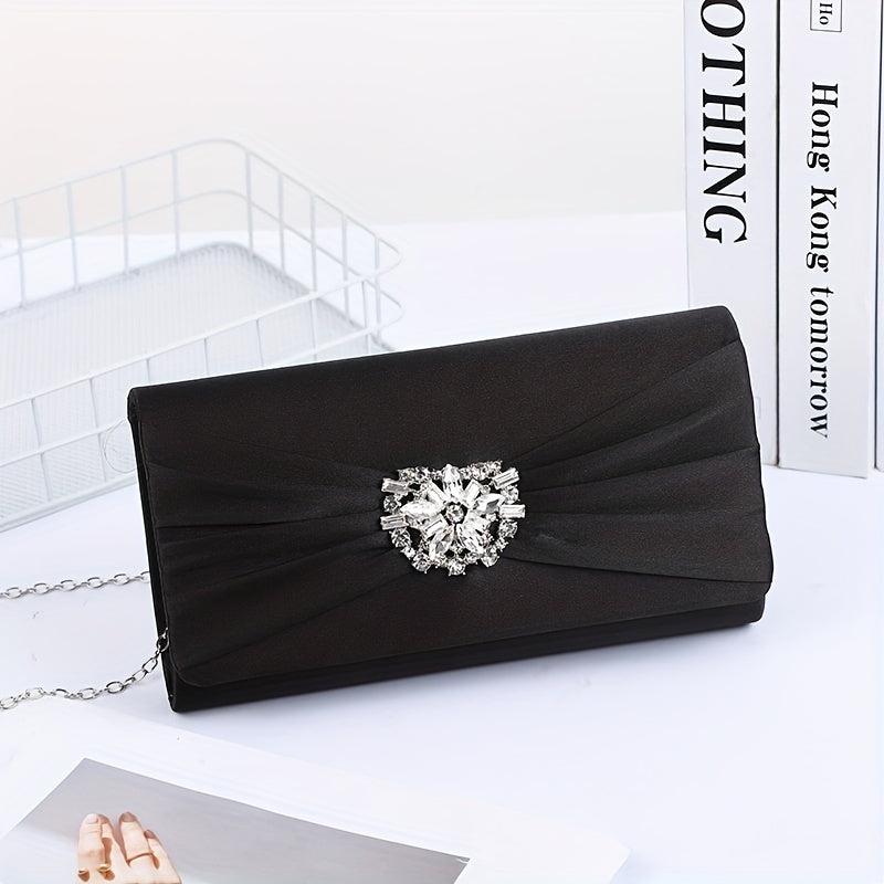 Ruched Satin Evening Bag Flower Rhinestone Clutch Purse For Prom Party