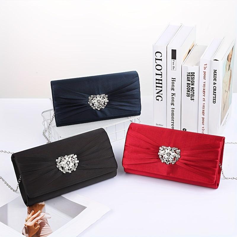 Ruched Satin Evening Bag Flower Rhinestone Clutch Purse For Prom Party
