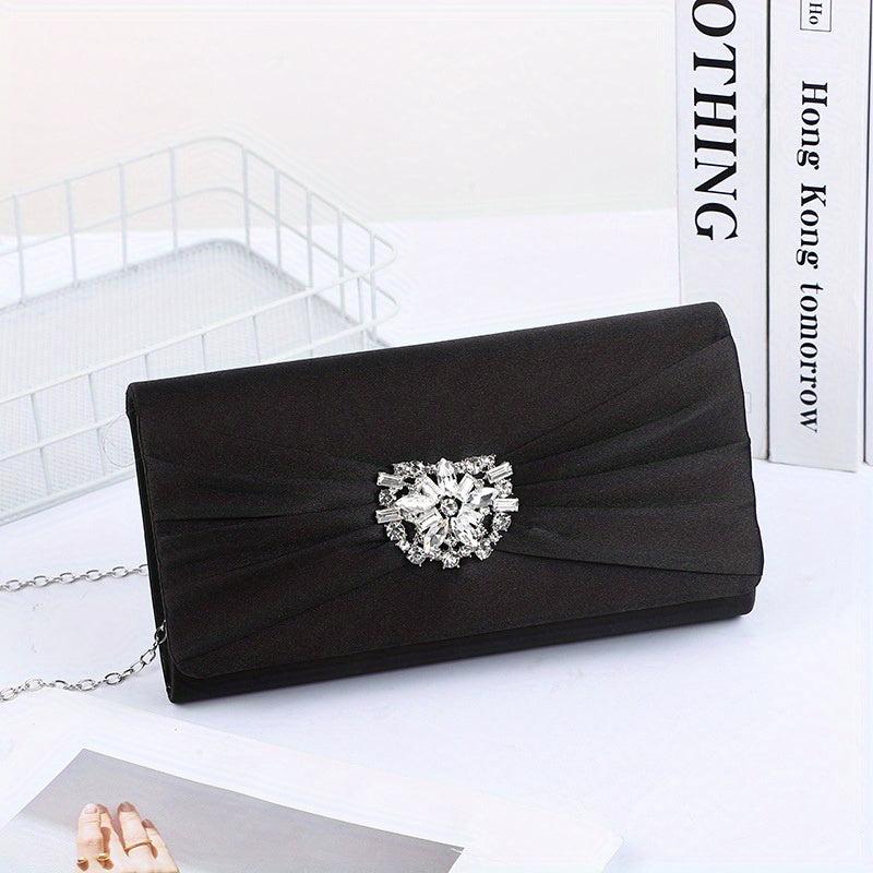 Ruched Satin Evening Bag Flower Rhinestone Clutch Purse For Prom Party