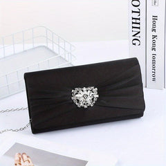 Ruched Satin Evening Bag Flower Rhinestone Clutch Purse For Prom Party