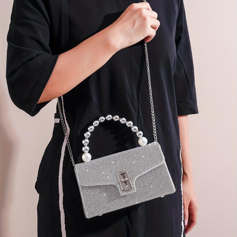 Rhinestone Silver Shoulder Bag Crossbody Chain Evening Party Bag