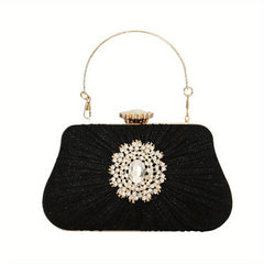 Metal Handle Rhinestone Pleated Clutch Bag Elegant Textured Cloth Frame Bag
