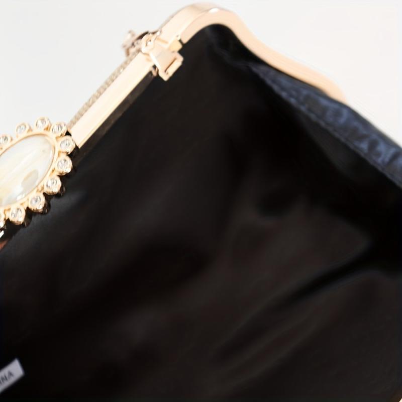 Metal Handle Rhinestone Pleated Clutch Bag Elegant Textured Cloth Frame Bag