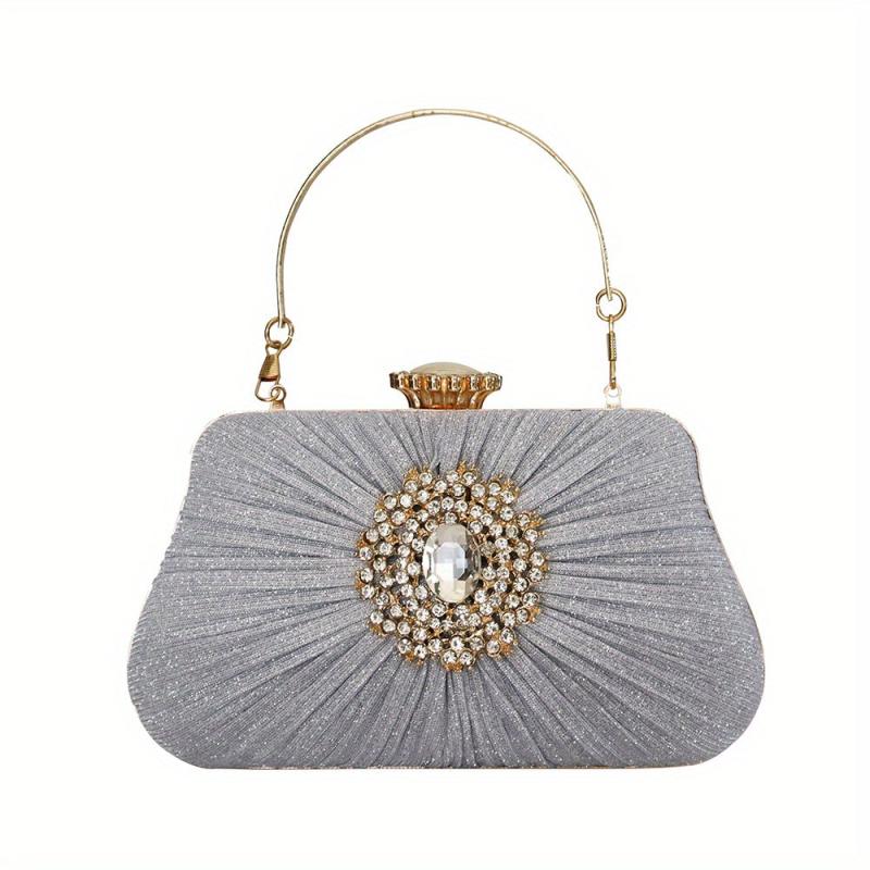 Metal Handle Rhinestone Pleated Clutch Bag Elegant Textured Cloth Frame Bag