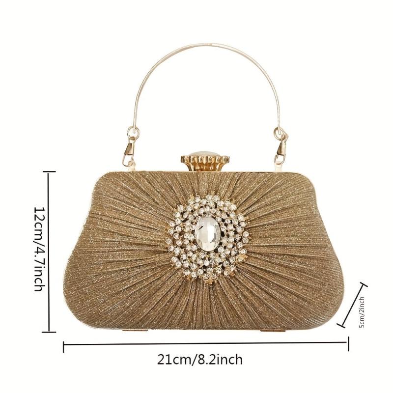 Metal Handle Rhinestone Pleated Clutch Bag Elegant Textured Cloth Frame Bag