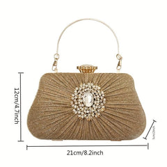 Metal Handle Rhinestone Pleated Clutch Bag Elegant Textured Cloth Frame Bag