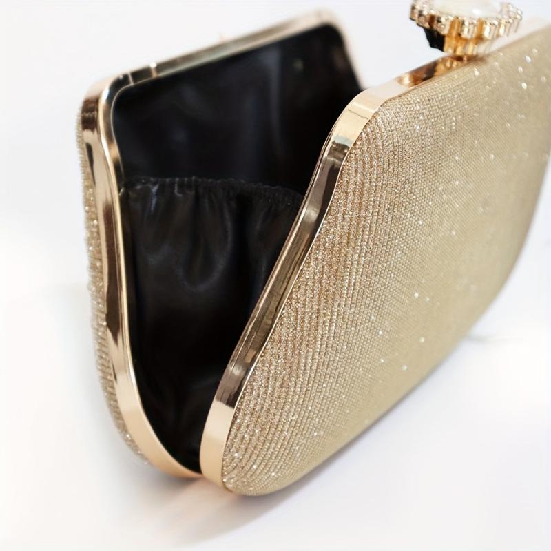 Metal Handle Rhinestone Pleated Clutch Bag Elegant Textured Cloth Frame Bag