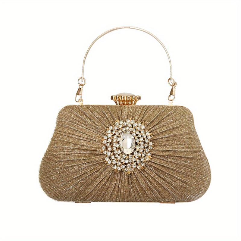 Metal Handle Rhinestone Pleated Clutch Bag Elegant Textured Cloth Frame Bag