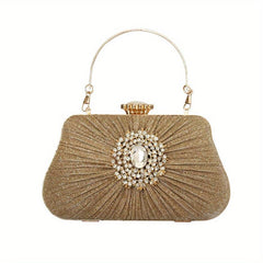 Metal Handle Rhinestone Pleated Clutch Bag Elegant Textured Cloth Frame Bag