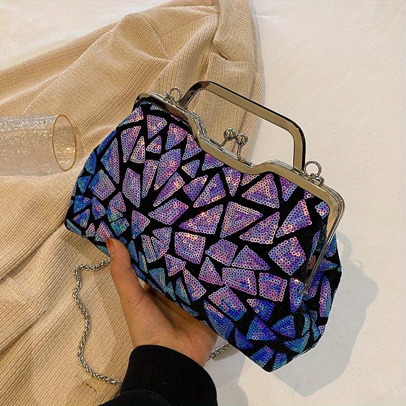 Sequins Evening Bag Top Ring Clutch Purse Women's Kiss Lock Handbags