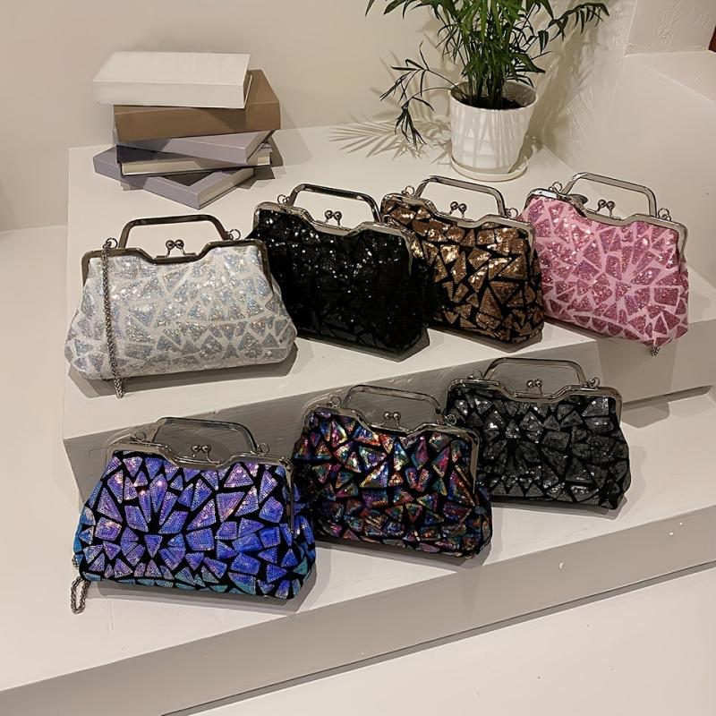 Sequins Evening Bag Top Ring Clutch Purse Women's Kiss Lock Handbags