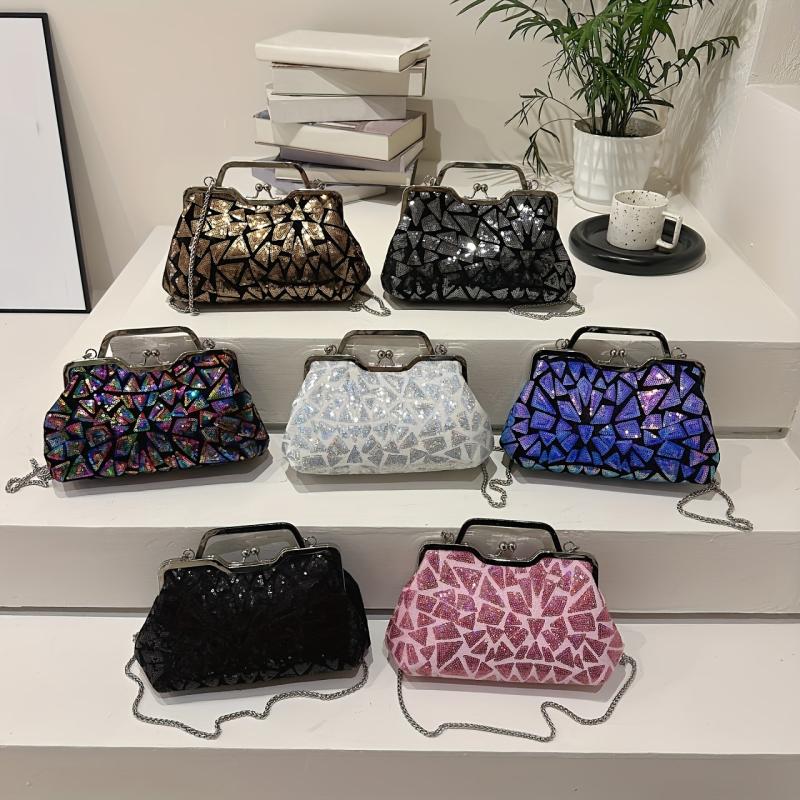 Sequins Evening Bag Top Ring Clutch Purse Women's Kiss Lock Handbags