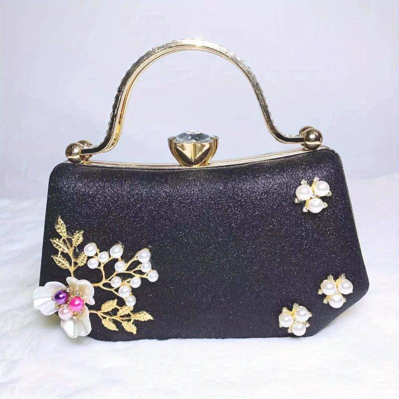 Glitter Faux Pearl Evening Bag Ring Clutch Purse