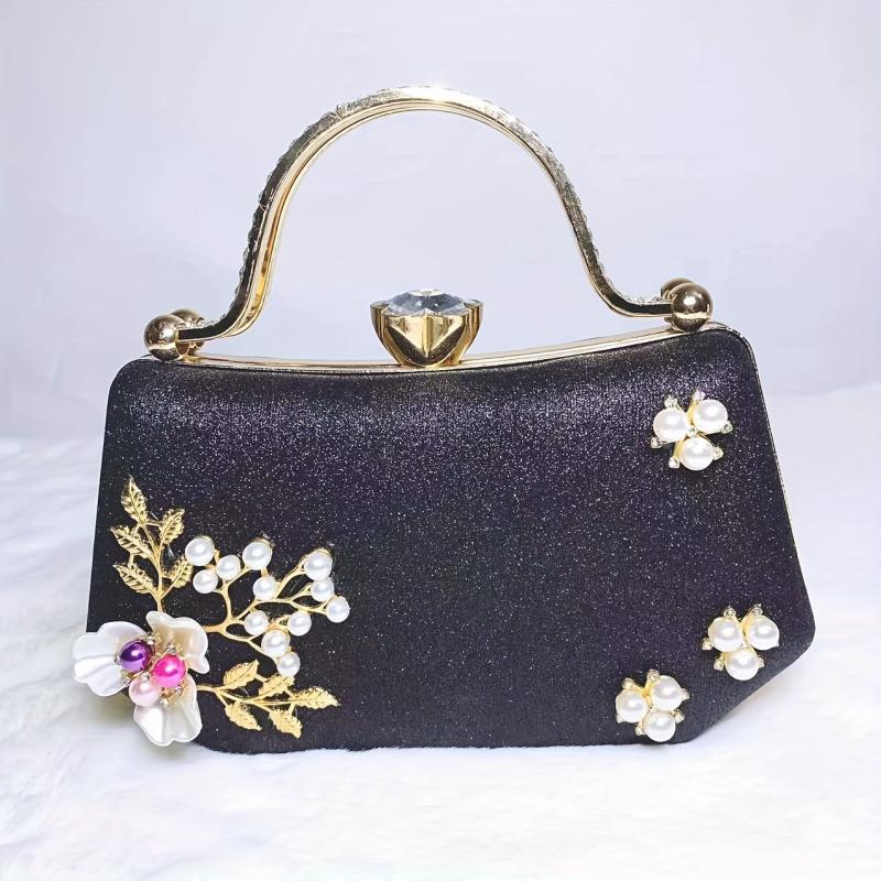 Glitter Faux Pearl Evening Bag Ring Clutch Purse