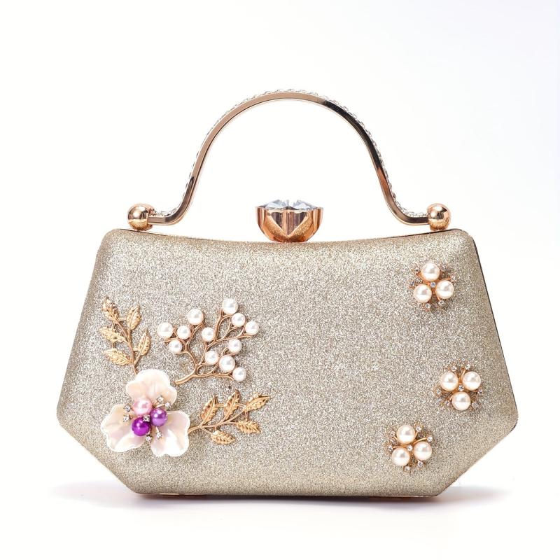 Glitter Faux Pearl Evening Bag Ring Clutch Purse