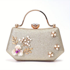 Glitter Faux Pearl Evening Bag Ring Clutch Purse