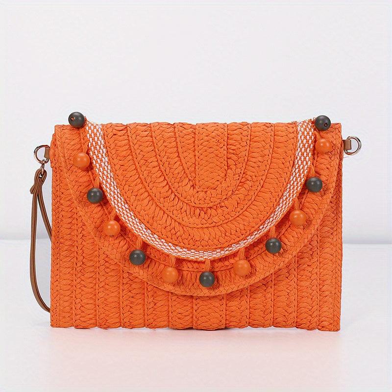 Vintage Straw Woven Clutch Bag Retro Beaded Envelope Handbag