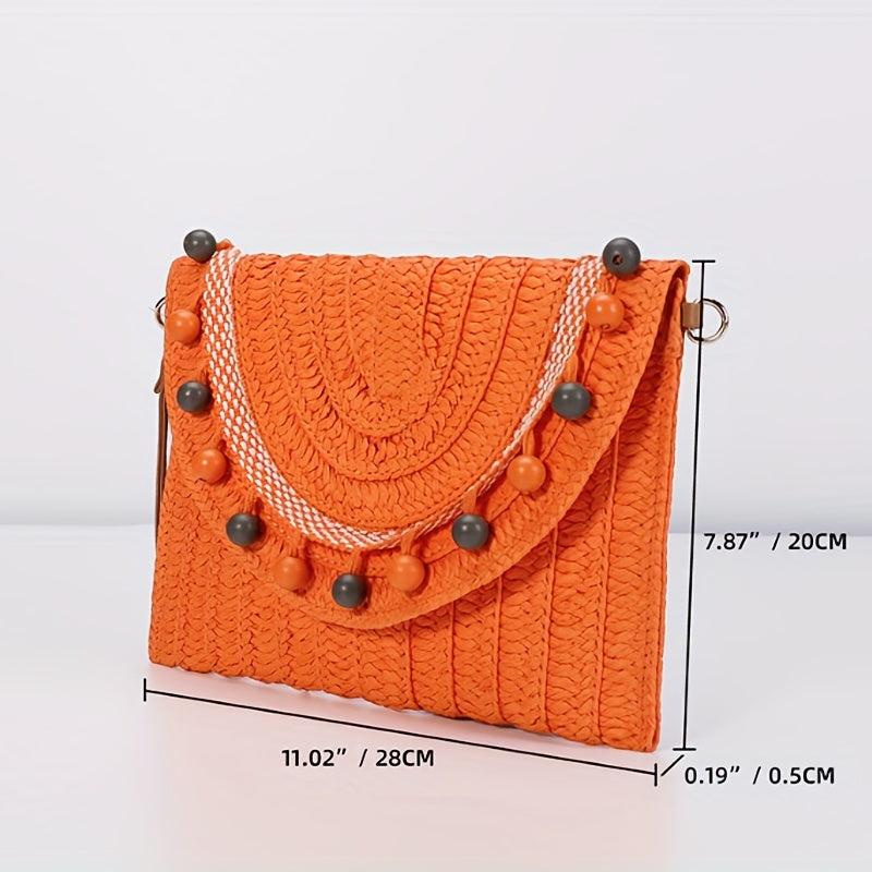Vintage Straw Woven Clutch Bag Retro Beaded Envelope Handbag