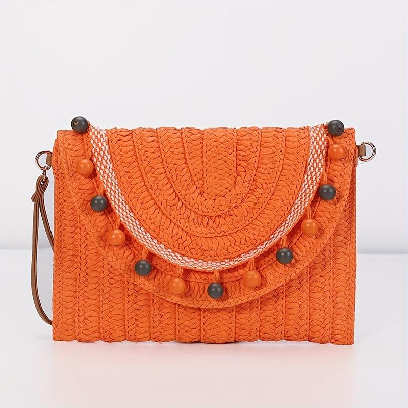 Vintage Straw Woven Clutch Bag Retro Beaded Envelope Handbag
